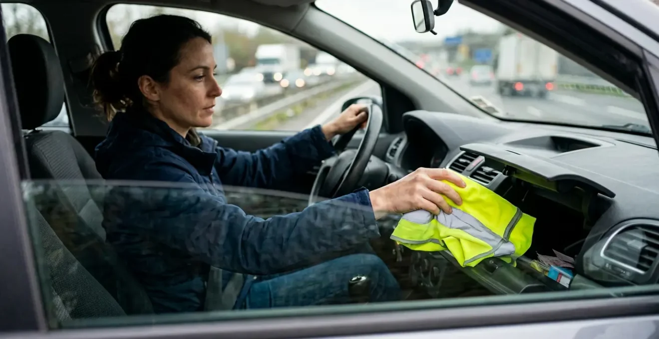 Conducteur enfilant un gilet de sécurité fluorescent à l'intérieur d'une voiture sur bande d'arrêt d'urgence
