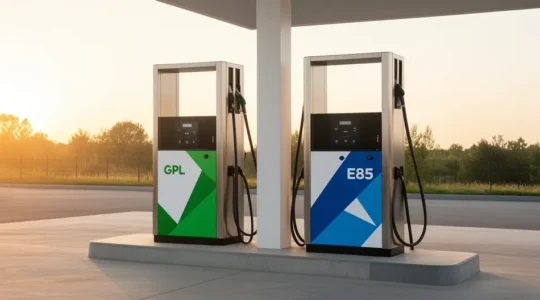 Comparaison visuelle entre pompe GPL et E85 dans une station-service française