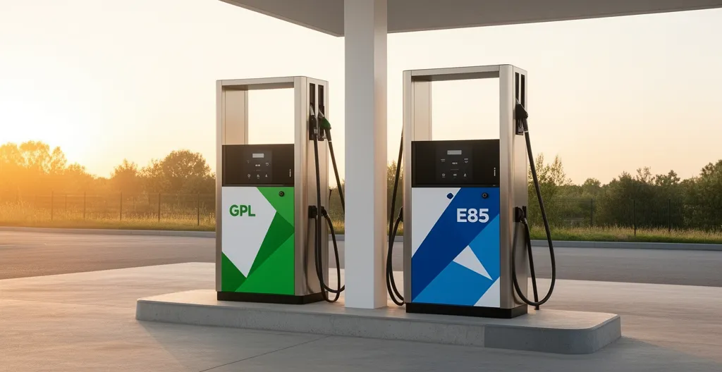 Comparaison visuelle entre pompe GPL et E85 dans une station-service française