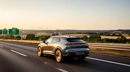 Vue d'une voiture hybride rechargeable sur autoroute française avec interface de consommation visible