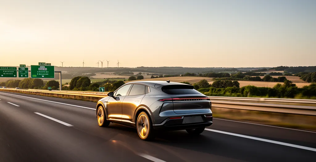 Vue d'une voiture hybride rechargeable sur autoroute française avec interface de consommation visible