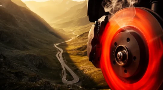 Descente de col de montagne avec freinage intense, liquide de frein en surchauffe