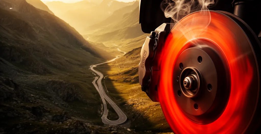 Descente de col de montagne avec freinage intense, liquide de frein en surchauffe