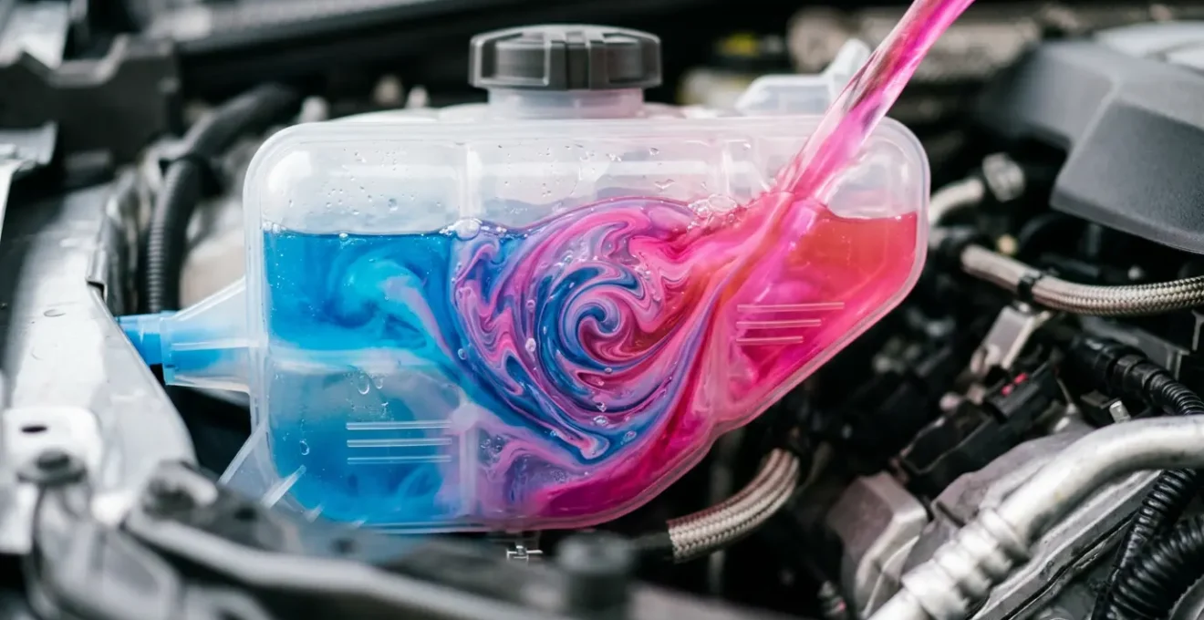 Vue rapprochée d'un vase d'expansion de voiture avec liquides de refroidissement colorés