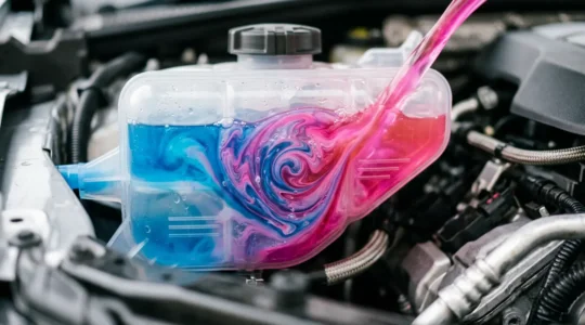 Vue rapprochée d'un vase d'expansion de voiture avec liquides de refroidissement colorés