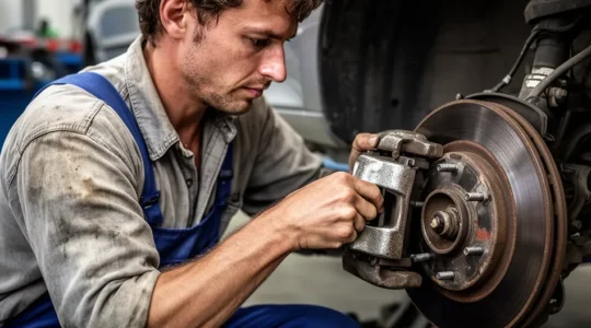 Un mécanicien amateur change les plaquettes de frein avant d'une voiture dans un garage domestique, économisant 100 euros