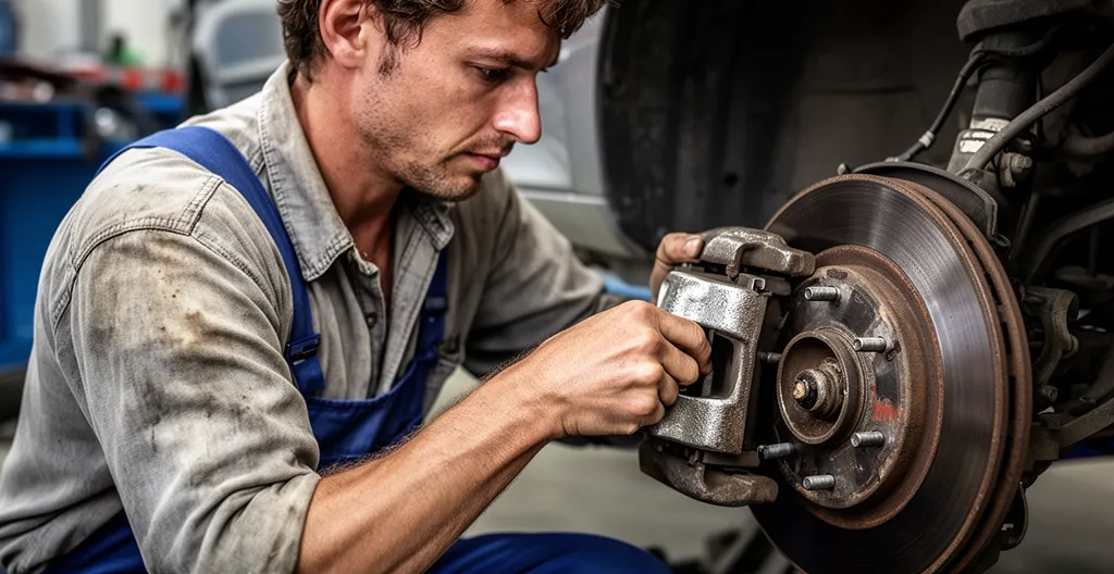Un mécanicien amateur change les plaquettes de frein avant d'une voiture dans un garage domestique, économisant 100 euros