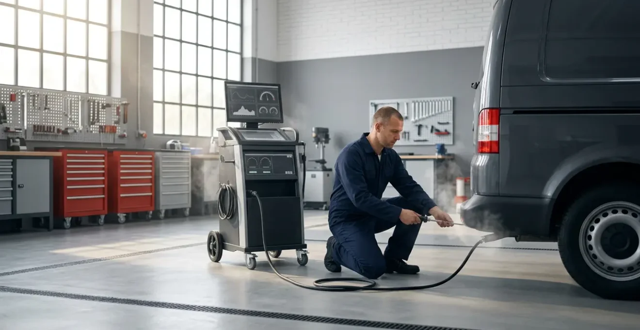 Mécanicien professionnel analysant les fumées d'échappement d'un véhicule diesel dans un garage
