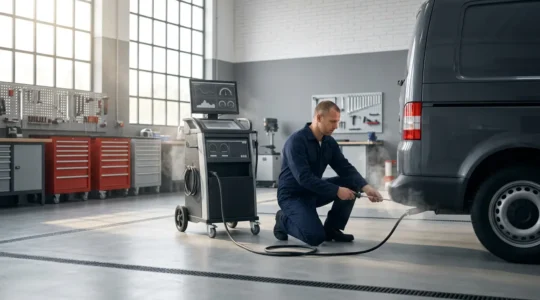 Mécanicien professionnel analysant les fumées d'échappement d'un véhicule diesel dans un garage