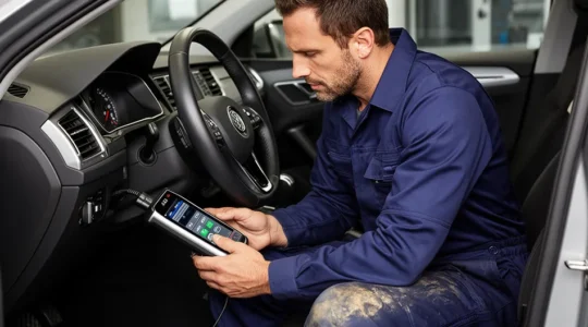 Un mécanicien professionnel utilise une valise de diagnostic multimarque sur une voiture moderne dans un garage bien équipé