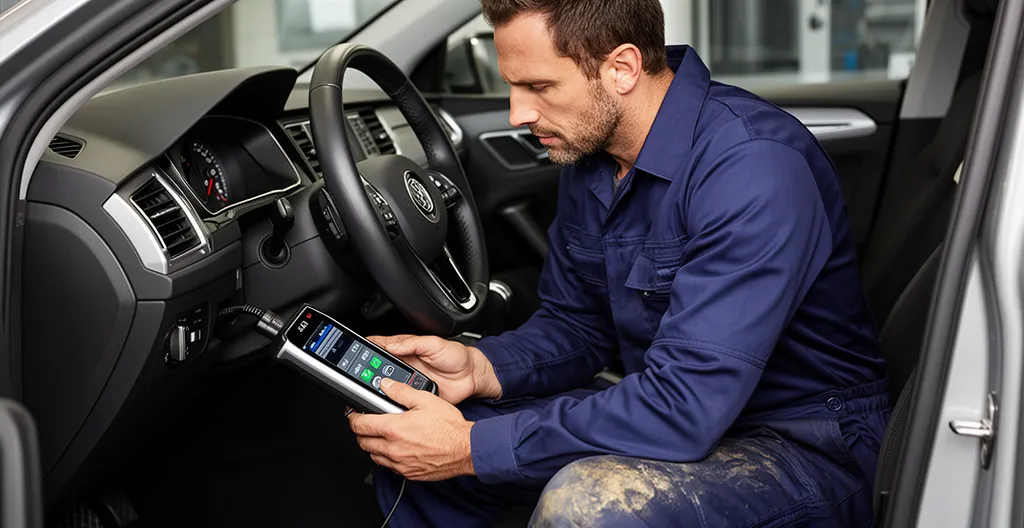 Un mécanicien professionnel utilise une valise de diagnostic multimarque sur une voiture moderne dans un garage bien équipé