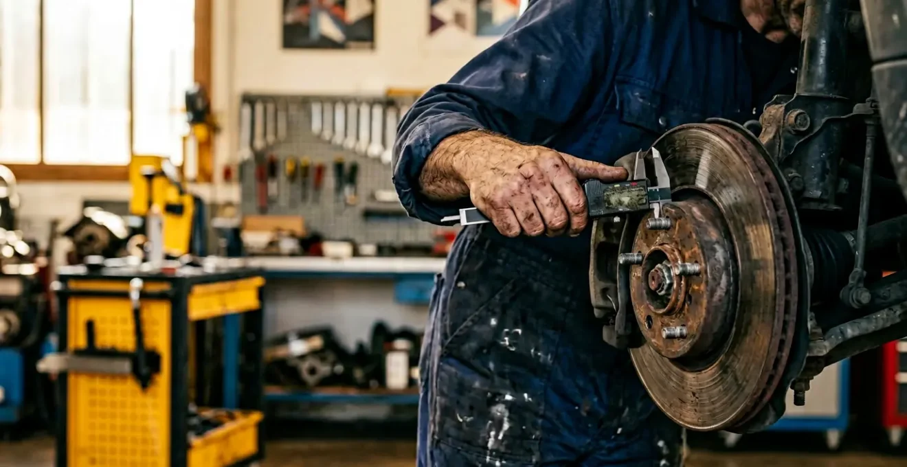 Mécanicien mesurant l'épaisseur d'un disque de frein avec un pied à coulisse dans un garage automobile