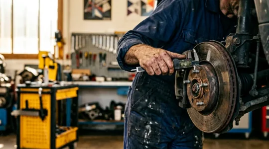 Mécanicien mesurant l'épaisseur d'un disque de frein avec un pied à coulisse dans un garage automobile