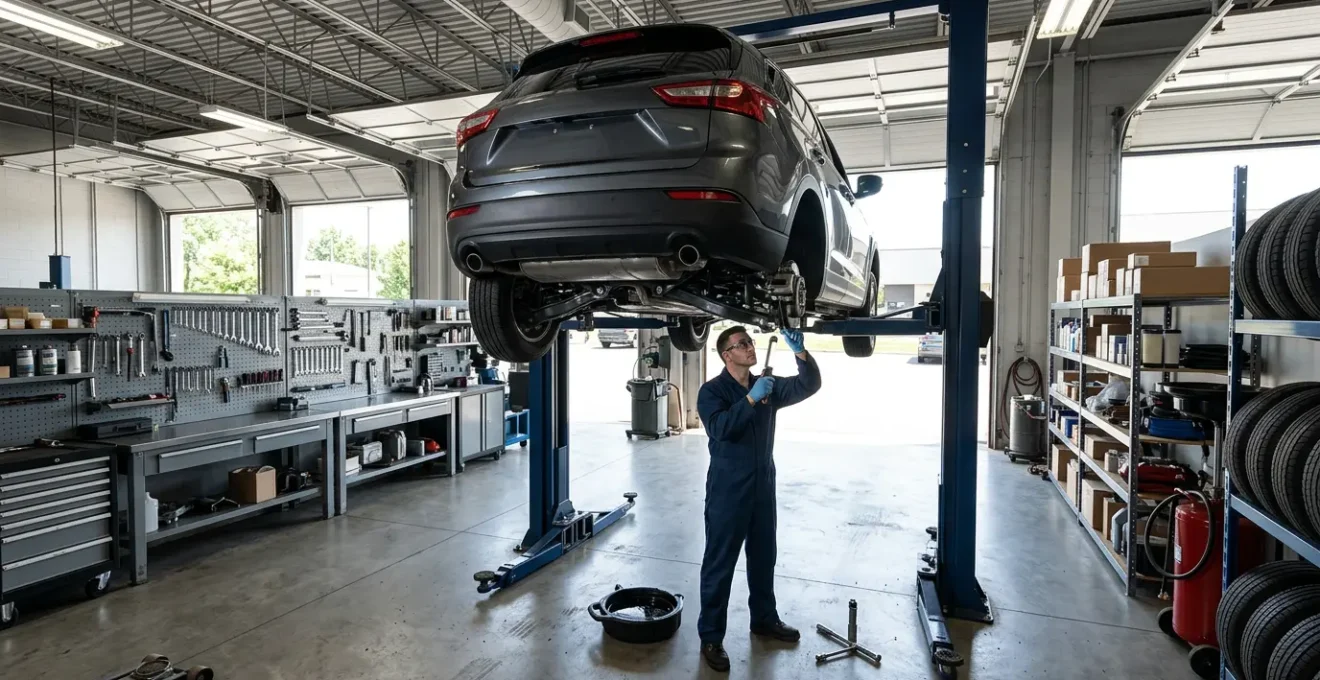Vue plongeante d'un garage automobile moderne avec un mécanicien inspectant le dessous d'une voiture sur un pont élévateur