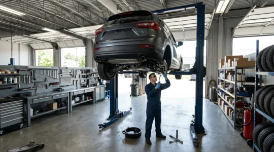 Vue plongeante d'un garage automobile moderne avec un mécanicien inspectant le dessous d'une voiture sur un pont élévateur