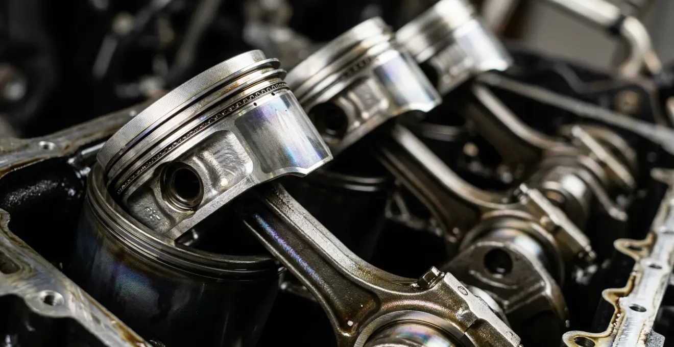 Vue détaillée en macro d'un moteur automobile moderne montrant les pistons et la lubrification