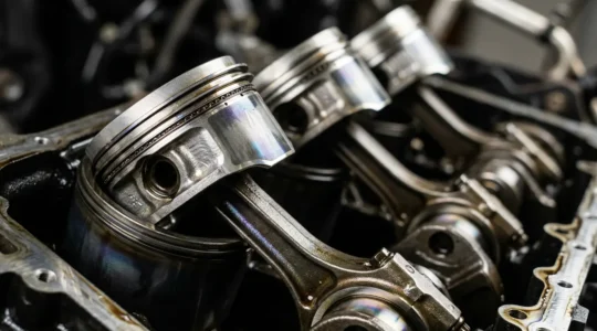 Vue détaillée en macro d'un moteur automobile moderne montrant les pistons et la lubrification