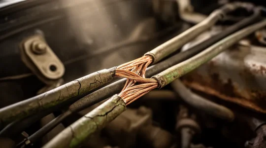 Inspection d'un faisceau électrique dans le compartiment moteur d'une voiture ancienne