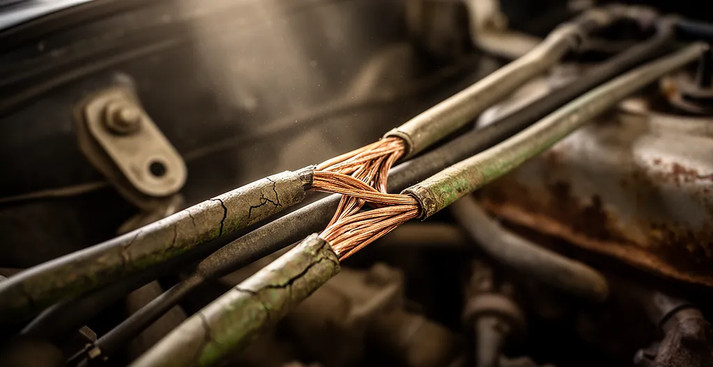 Inspection d'un faisceau électrique dans le compartiment moteur d'une voiture ancienne