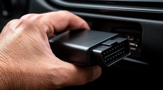 Vue macro d'une main approchant un scanner OBD2 compact d'une prise diagnostic automobile