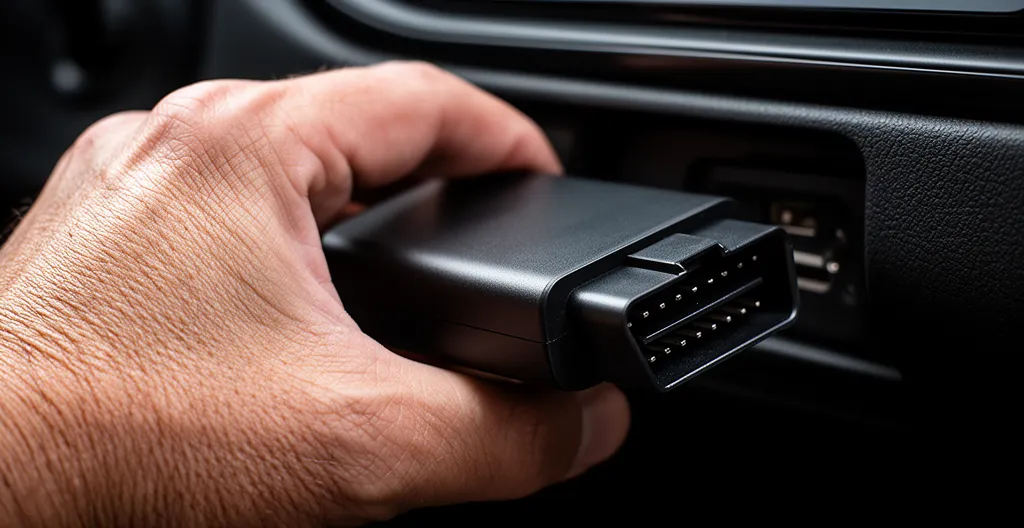 Vue macro d'une main approchant un scanner OBD2 compact d'une prise diagnostic automobile