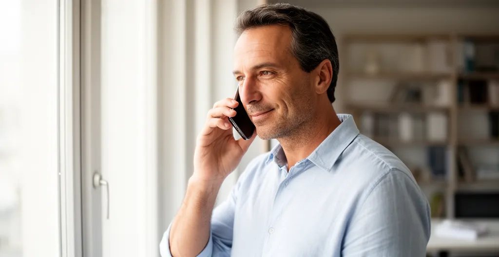 Professionnel en conversation téléphonique pour négocier avec son loueur LLD