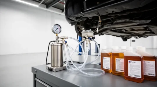 Système de purge des freins automobile sous pression avec outils professionnels et maître-cylindre visible