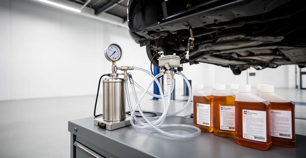 Système de purge des freins automobile sous pression avec outils professionnels et maître-cylindre visible