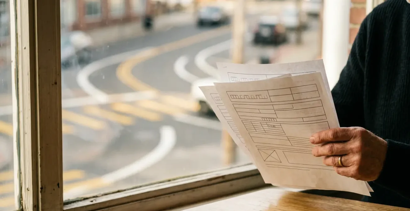 Vue symbolique d'un conducteur consultant ses documents administratifs avec une carte routière en arrière-plan