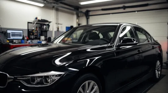 Carrosserie automobile noire brillante avec reflets parfaits après polissage professionnel