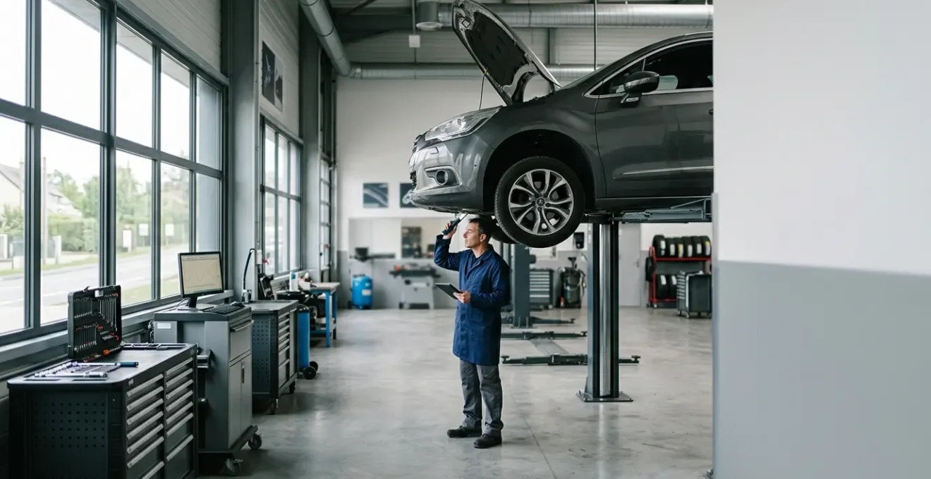 Garage indépendant moderne effectuant une révision sur un véhicule récent avec documentation technique