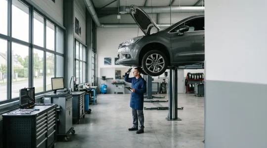 Garage indépendant moderne effectuant une révision sur un véhicule récent avec documentation technique