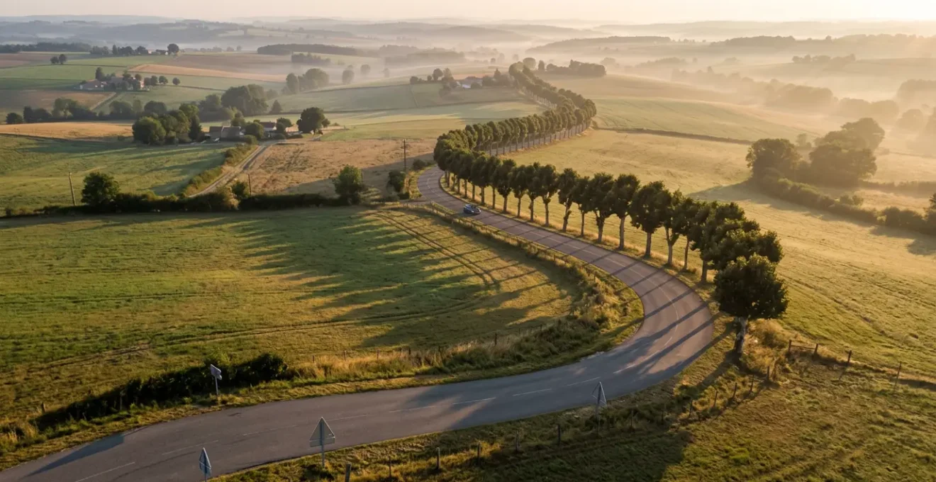 Vue aérienne d'une route départementale sinueuse traversant la campagne française avec des virages dangereux et des intersections complexes