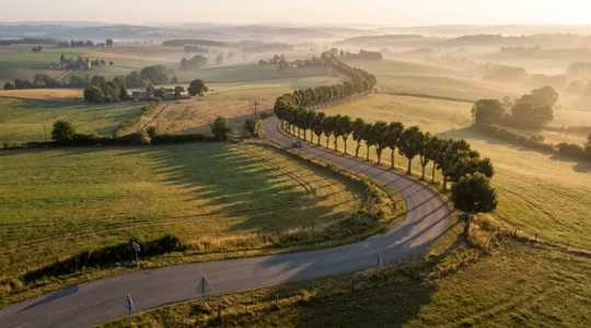 Vue aérienne d'une route départementale sinueuse traversant la campagne française avec des virages dangereux et des intersections complexes