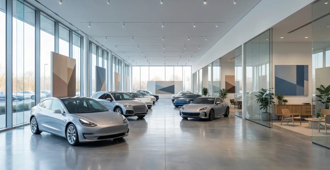 Intérieur d'un showroom automobile avec véhicules d'occasion reconditionnés
