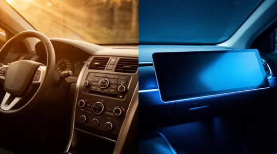 Vue d'un tableau de bord automobile moderne montrant le contraste entre boutons physiques et écran tactile