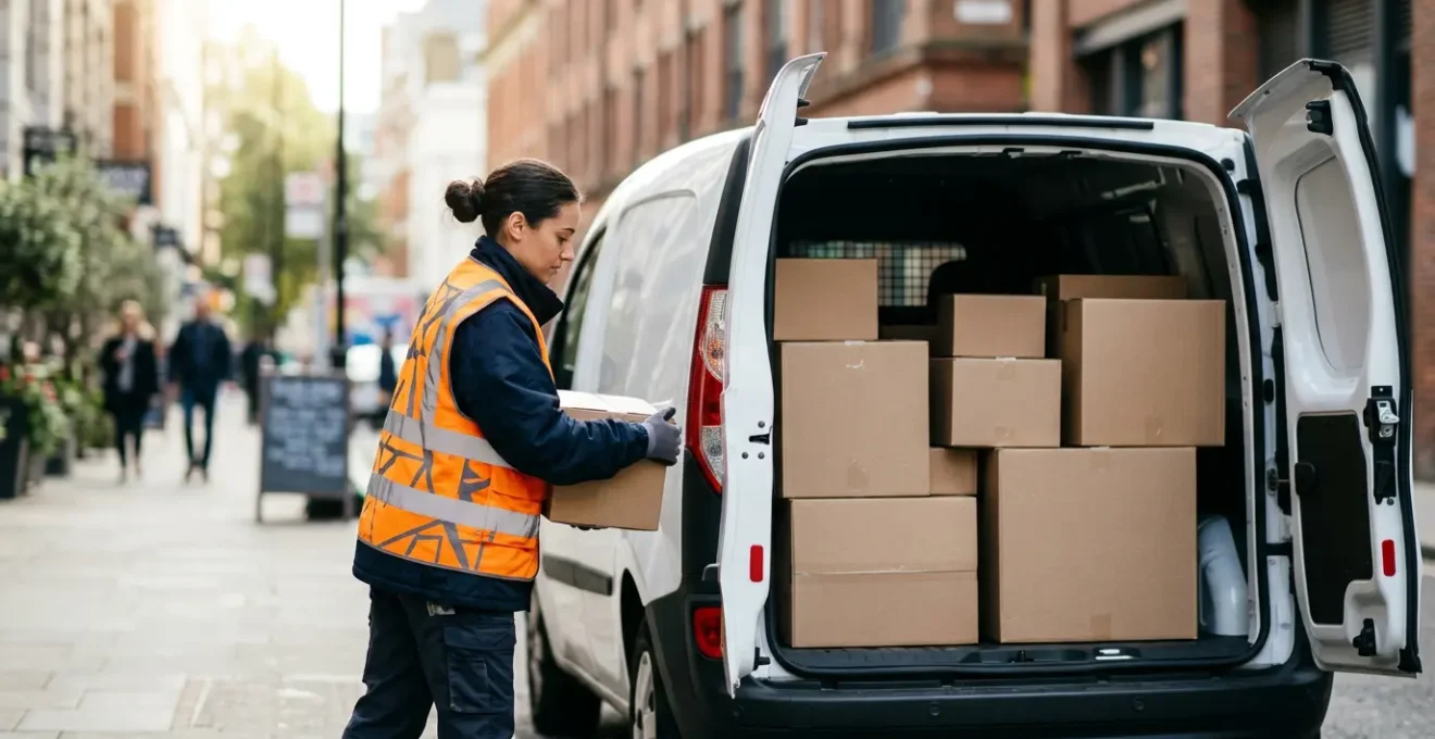 Professionnel chargeant des colis dans un utilitaire électrique en centre-ville