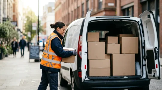Professionnel chargeant des colis dans un utilitaire électrique en centre-ville