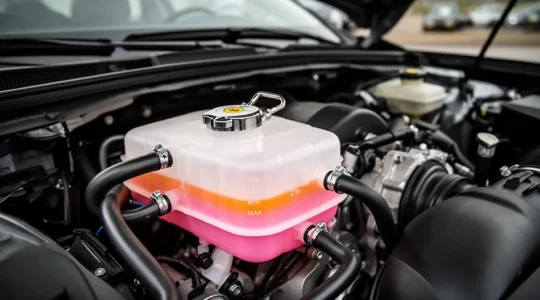 Vue rapprochée d'un vase d'expansion de liquide de refroidissement sous le capot d'une voiture