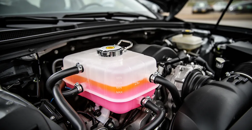 Vue rapprochée d'un vase d'expansion de liquide de refroidissement sous le capot d'une voiture