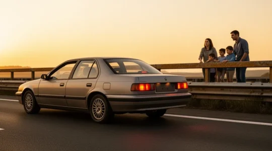 Véhicule en panne sur la bande d'arrêt d'urgence d'autoroute avec famille évacuée derrière la glissière de sécurité