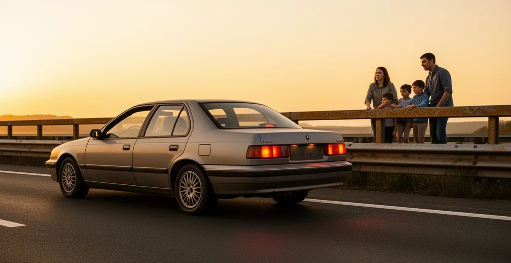 Véhicule en panne sur la bande d'arrêt d'urgence d'autoroute avec famille évacuée derrière la glissière de sécurité