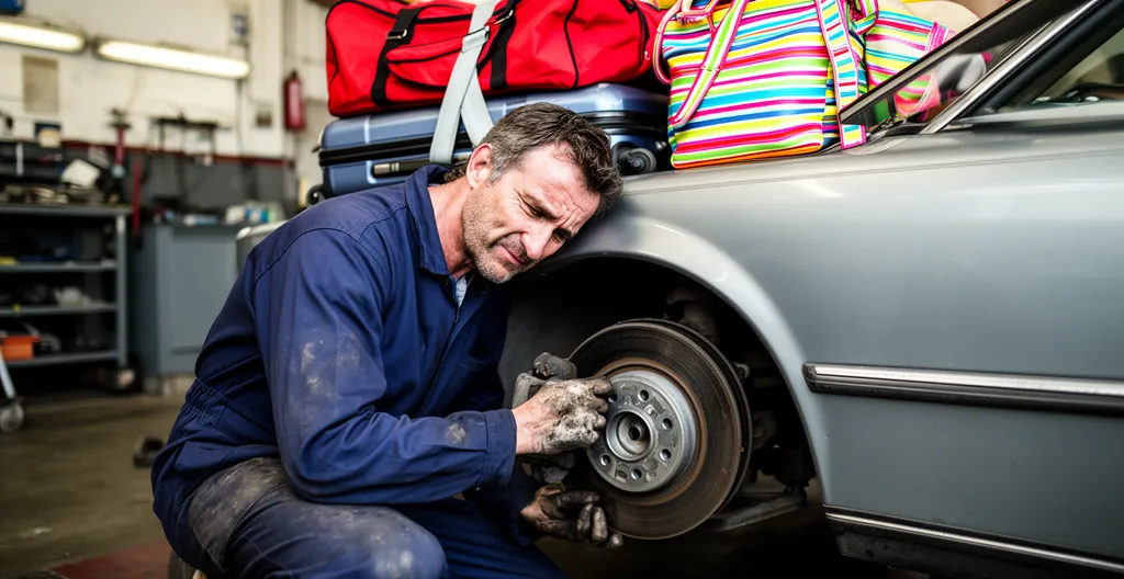 Mécanicien inspectant les freins et amortisseurs d'un véhicule familial chargé