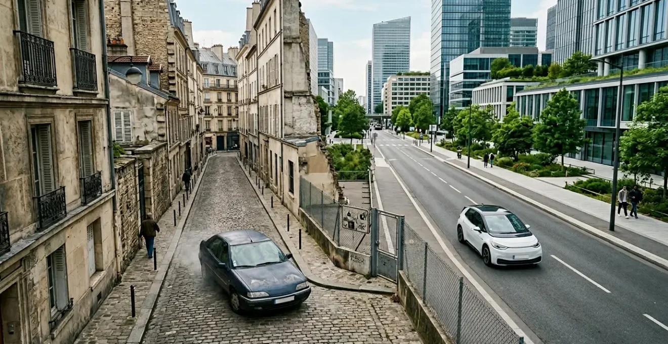 Vue contrastée d'une vieille voiture diesel dans un environnement urbain moderne avec zones de restriction