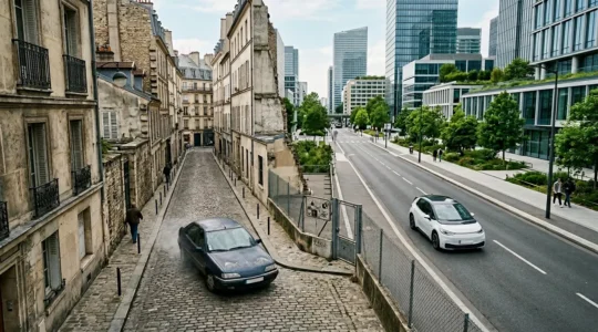 Vue contrastée d'une vieille voiture diesel dans un environnement urbain moderne avec zones de restriction