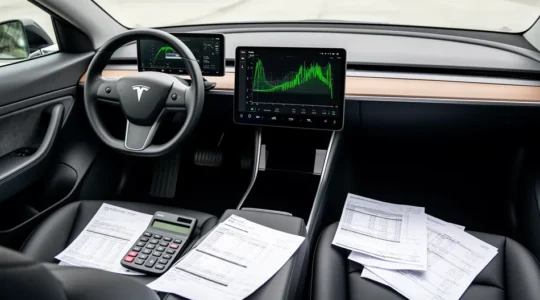 Tableau de bord moderne d'une voiture électrique avec affichage du coût énergétique et calculatrice posée sur le siège passager