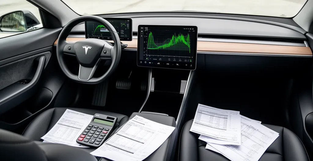 Tableau de bord moderne d'une voiture électrique avec affichage du coût énergétique et calculatrice posée sur le siège passager