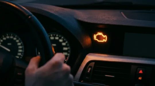 Tableau de bord automobile avec voyant moteur orange allumé dans l'obscurité