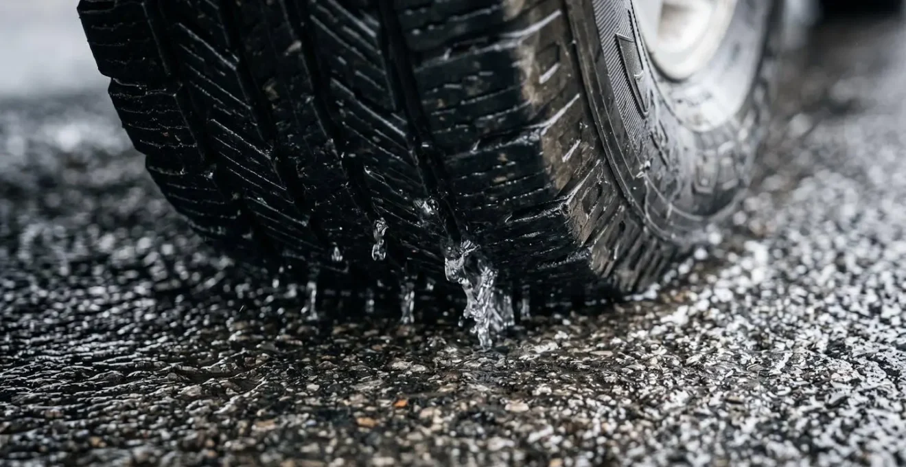 Vue macro d'un pneu évacuant l'eau sur route mouillée montrant les rainures en action