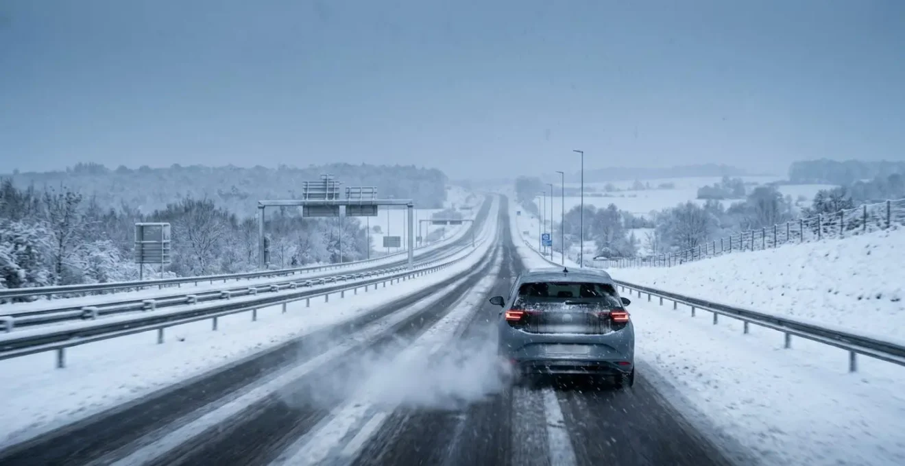 Vue arrière d'une voiture électrique sur autoroute enneigée avec condensation visible sur la lunette arrière